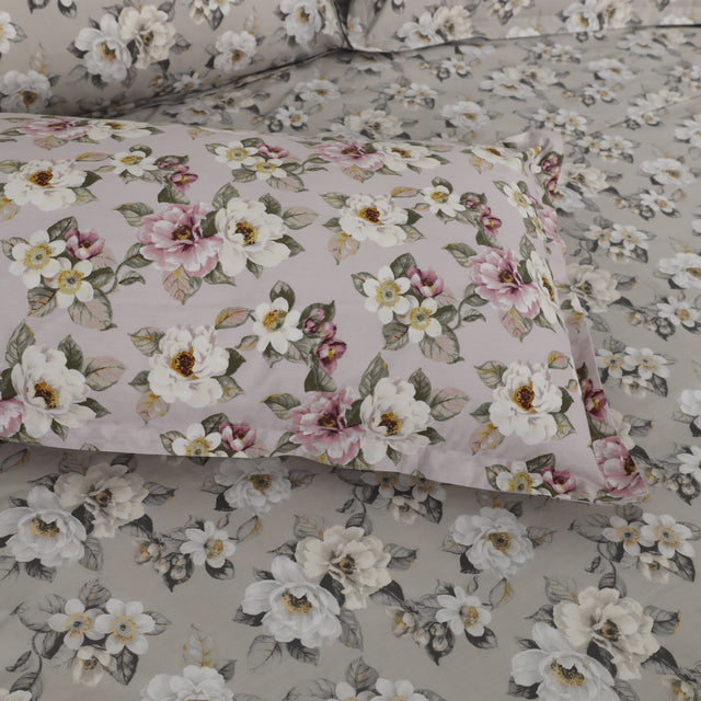 Completo Lenzuola Copriletto in Percalle di Cotone Egiziano con Stampa Floreale - Fiaba Bloom