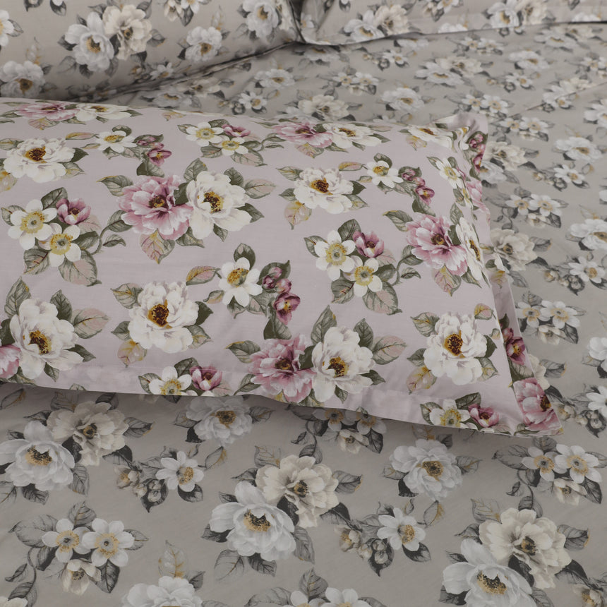 Completo Lenzuola Copriletto in Percalle di Cotone Egiziano con Stampa Floreale - Fiaba Bloom