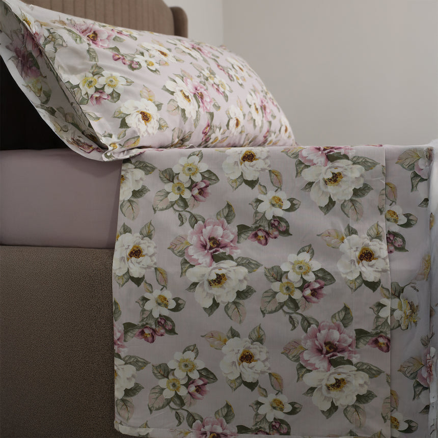 Completo Lenzuola Copriletto in Percalle di Cotone Egiziano con Stampa Floreale - Fiaba Bloom