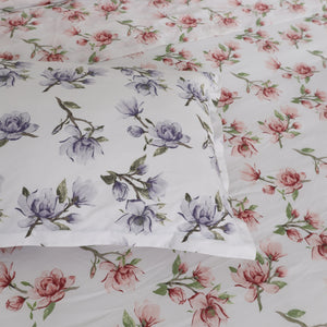 Completo Lenzuola Copriletto in Percalle di Cotone Egiziano con Stampa Floreale - Magnolie Reverie