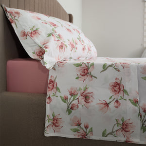 Completo Lenzuola Copriletto in Percalle di Cotone Egiziano con Stampa Floreale - Magnolie Reverie