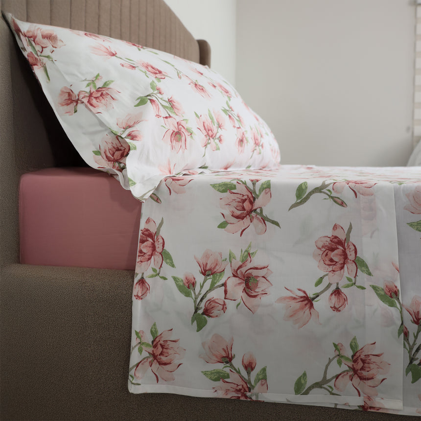 Completo Lenzuola Copriletto in Percalle di Cotone Egiziano con Stampa Floreale - Magnolie Reverie