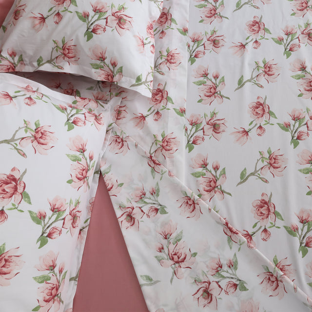 Completo Lenzuola Copriletto in Percalle di Cotone Egiziano con Stampa Floreale - Magnolie Reverie