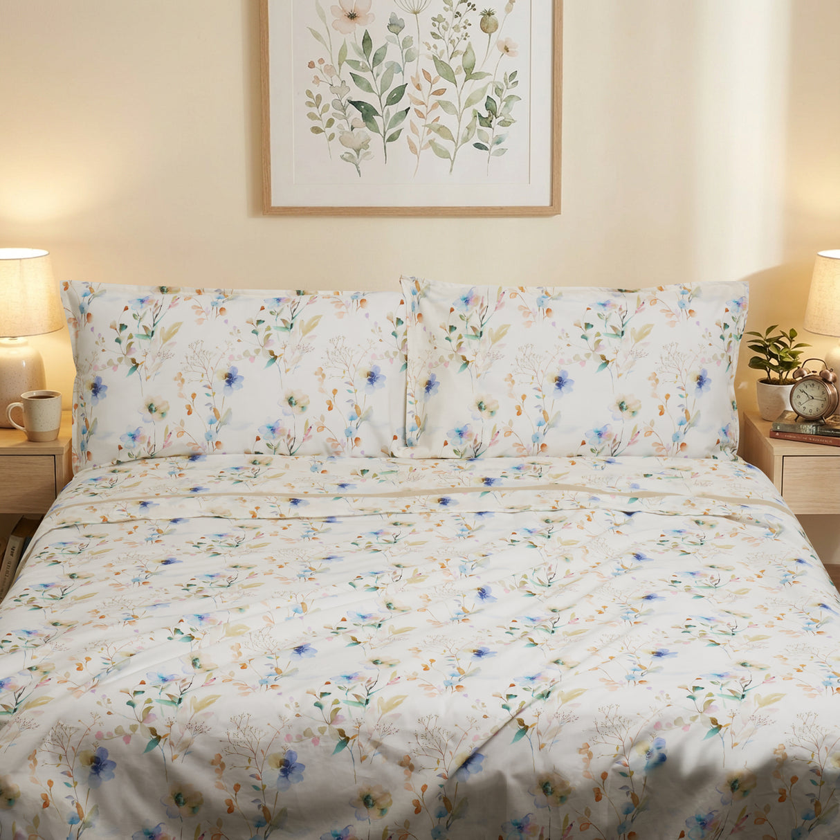 Completo Lenzuola in Percalle di Cotone Fantasia Floreale - Ninfea