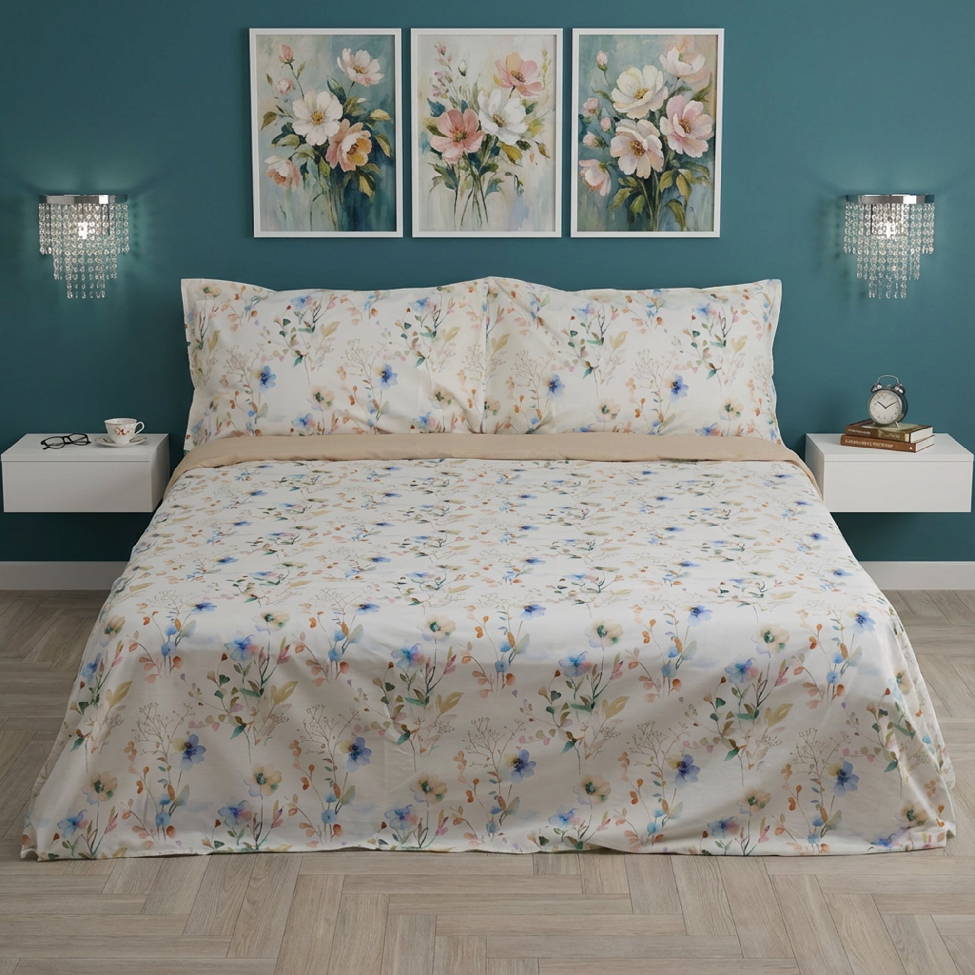 Parure Copripiumino in Percalle di Cotone Fantasia Floreale - Ninfea