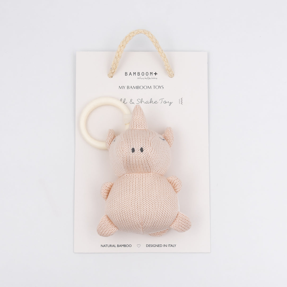 Giocattolo Sensoriale in Maglia di Bambù a Forma di Rinoceronte - Pull & Shake