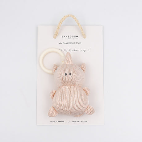 Giocattolo Sensoriale in Maglia di Bambù a Forma di Rinoceronte - Pull & Shake
