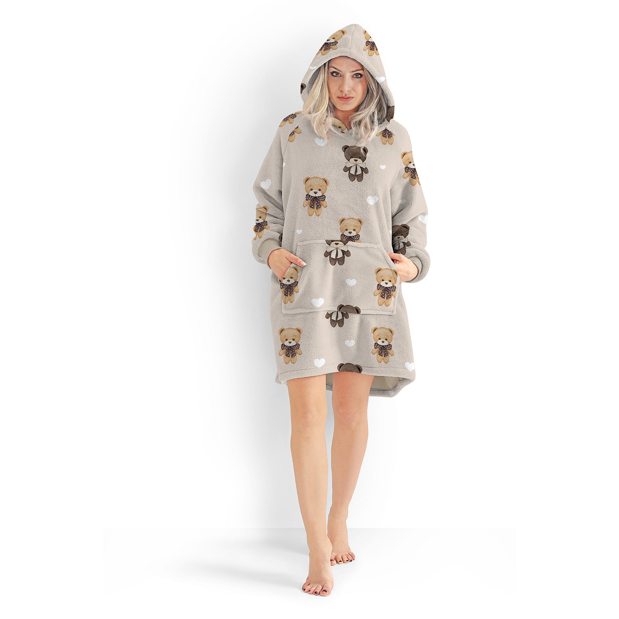 Lora Dora - Vestaglia Donna Con Cappuccio In Pile Orsacchiotto | Morbidissima Con Tasche E Cintura | Taglie S A XL | Colori Crema E Grigio