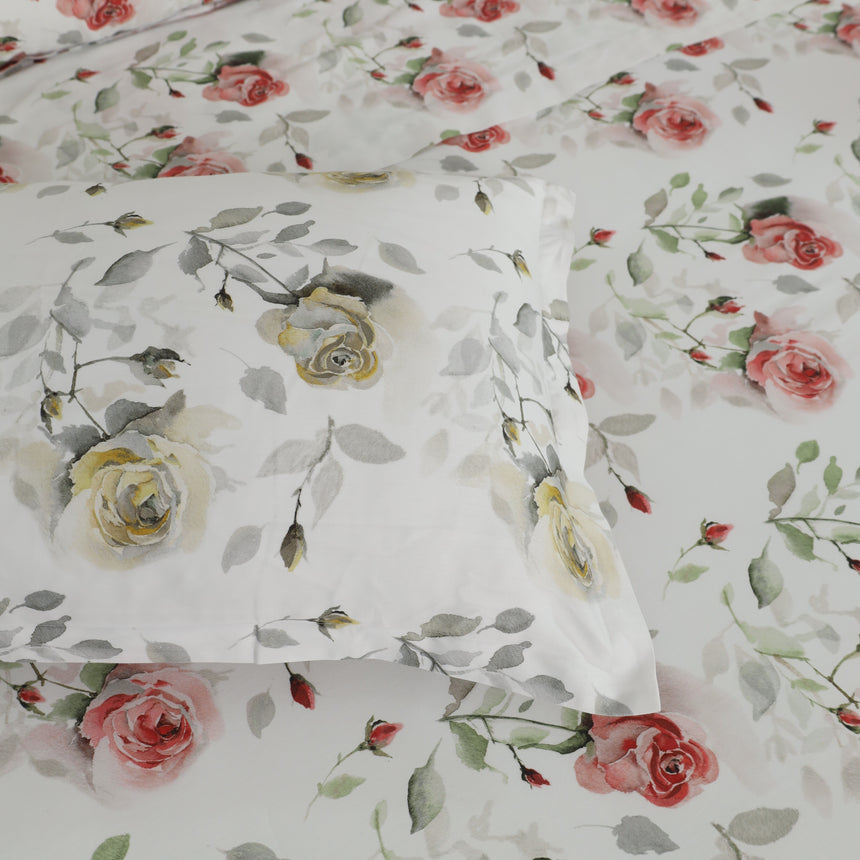 Completo Lenzuola Copriletto in Raso di Cotone Egiziano con Stampa Floreale - Rosaire