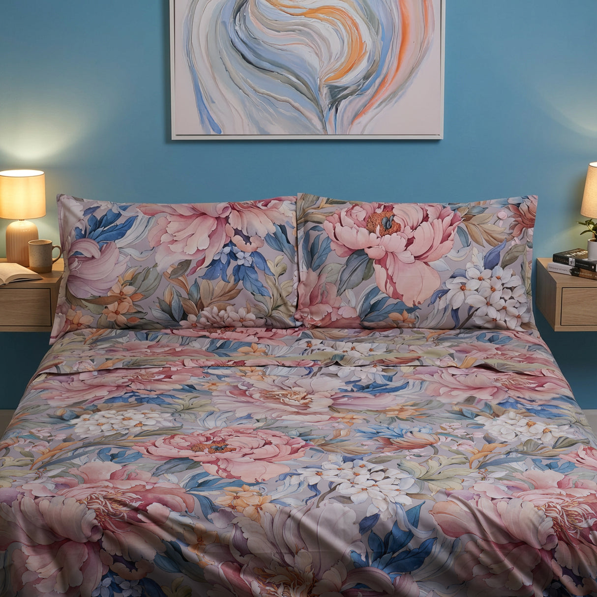 Completo Lenzuola in Percalle di Cotone Fantasia Floreale - Rosalia