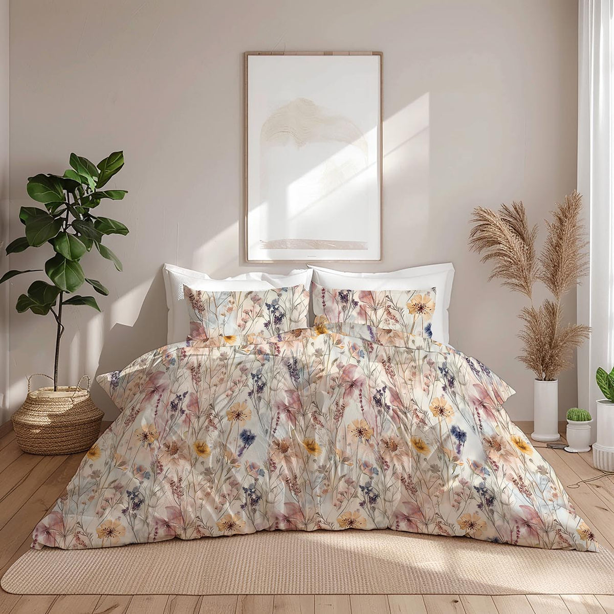Completo Lenzuola Copriletto in Percalle di Cotone con Stampa Floreale - Dried Flowers