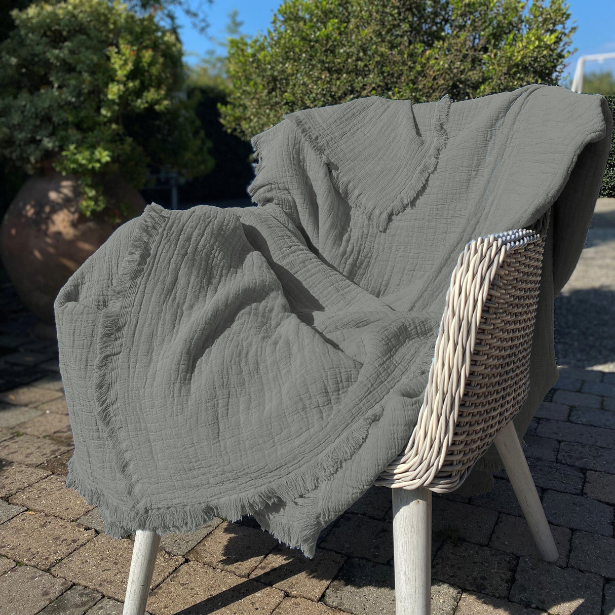 Copriletto in Cotone Stonewashed Tinto in Capo con Frangette - Uni Mellow