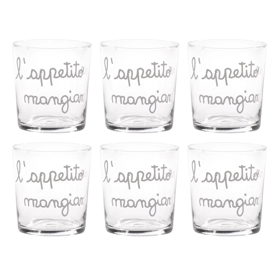 Set 6 Bicchieri in Vetro Temperato Serigrafati - L'Appetito Vien Mangiando