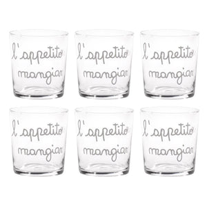 Set 6 Bicchieri in Vetro Temperato Serigrafati - L'Appetito Vien Mangiando