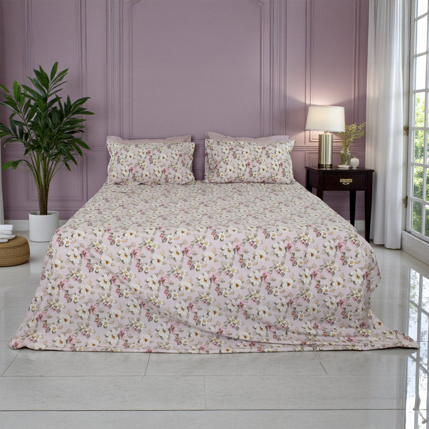 Completo Lenzuola Copriletto in Percalle di Cotone Egiziano con Stampa Floreale - Fiaba Bloom