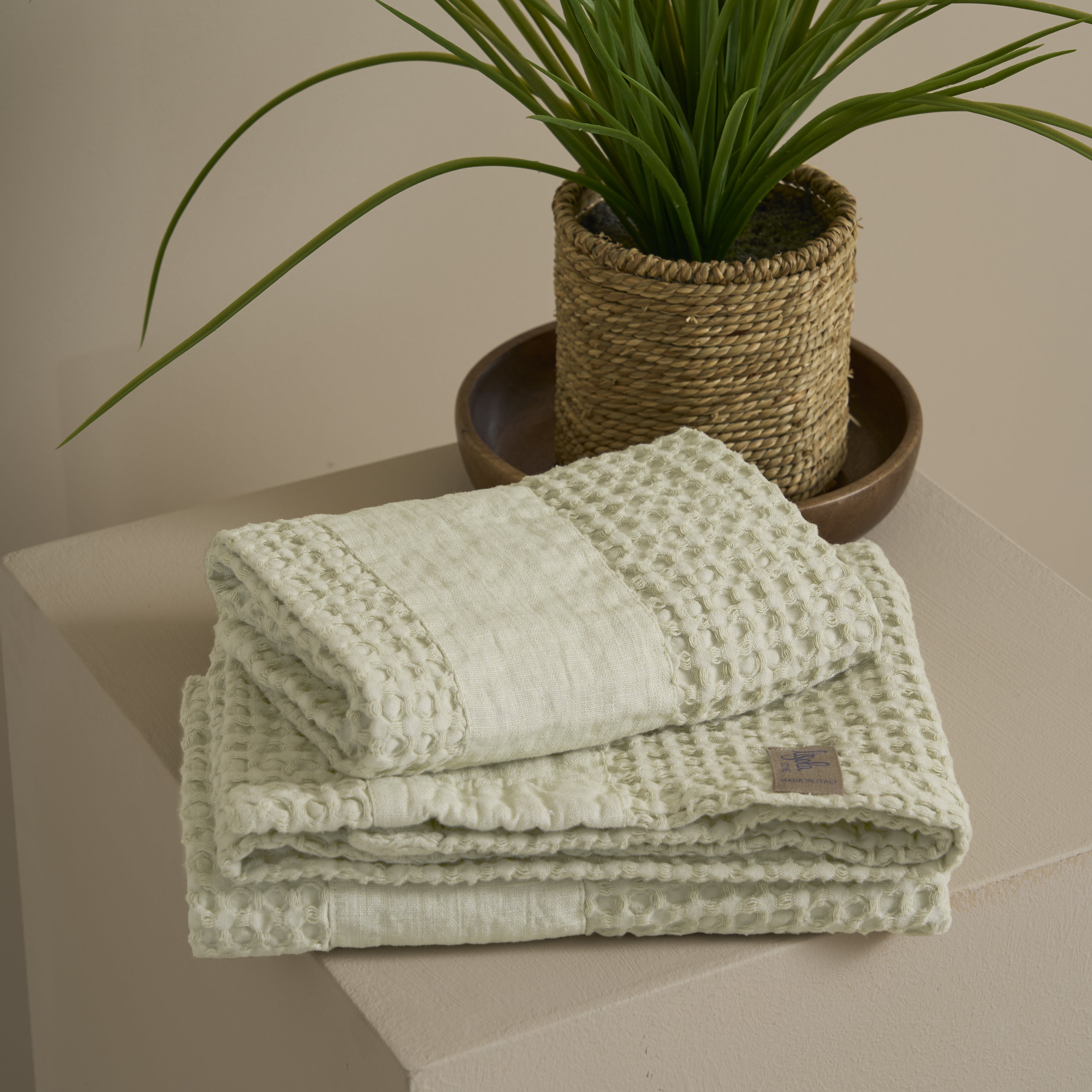 Coppia Nido d'Ape Stonewashed con Bordo in Lino - Jaspy