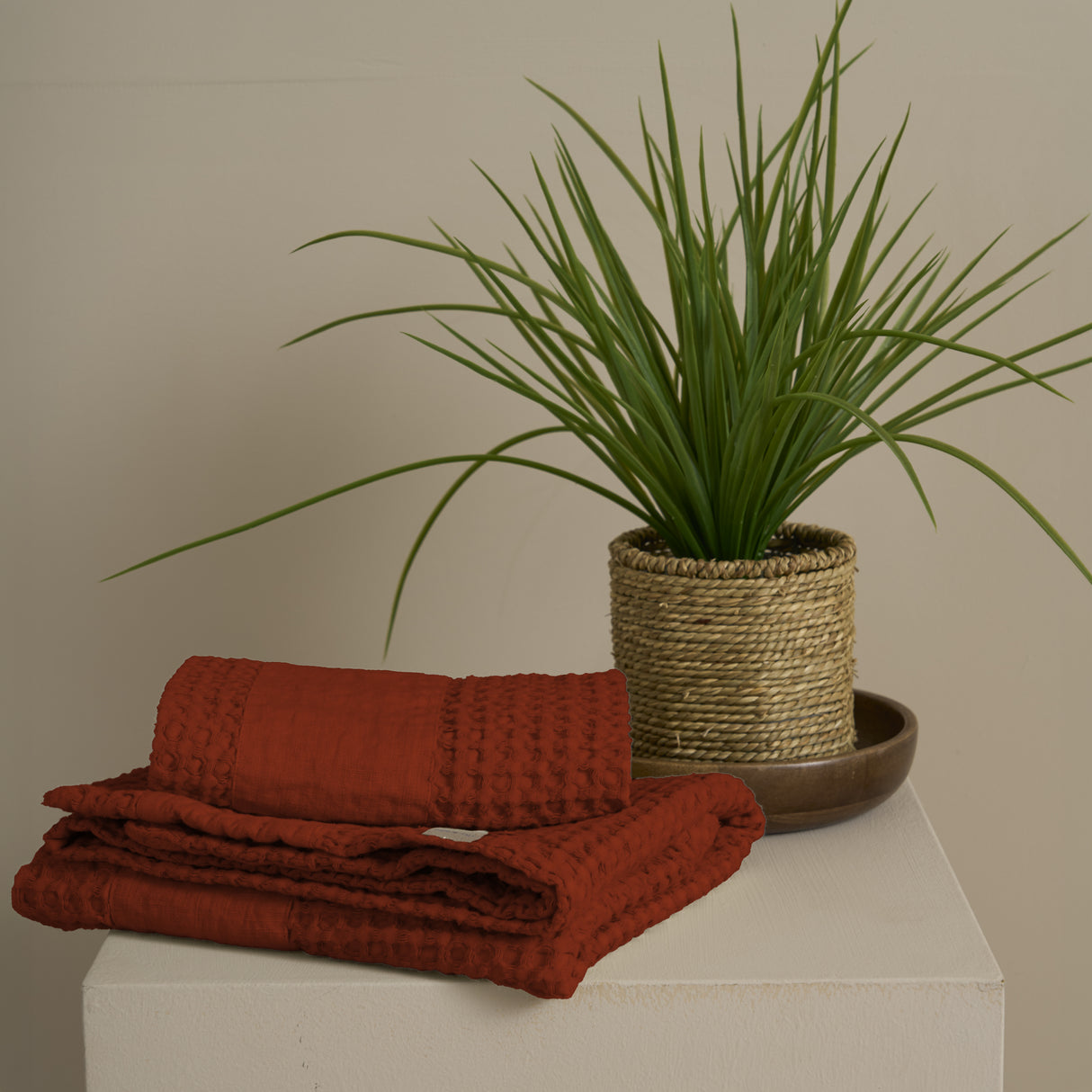 Coppia Nido d'Ape Stonewashed con Bordo in Lino - Jaspy