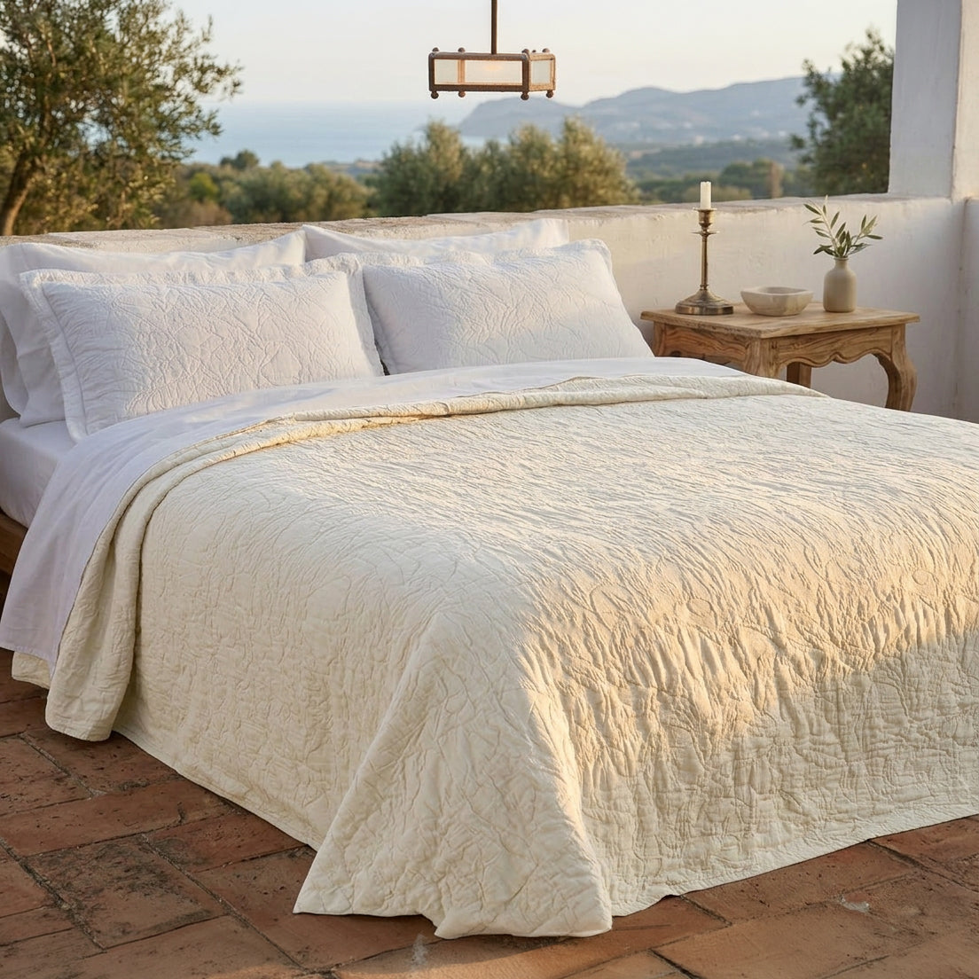 Copriletto in Cotone in tinta unita StoneWashed jacquard floreale - Triptree
