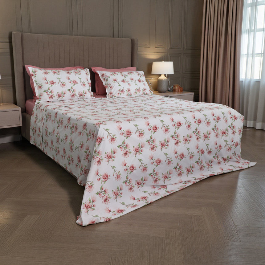 Completo Lenzuola Copriletto in Percalle di Cotone Egiziano con Stampa Floreale - Magnolie Reverie