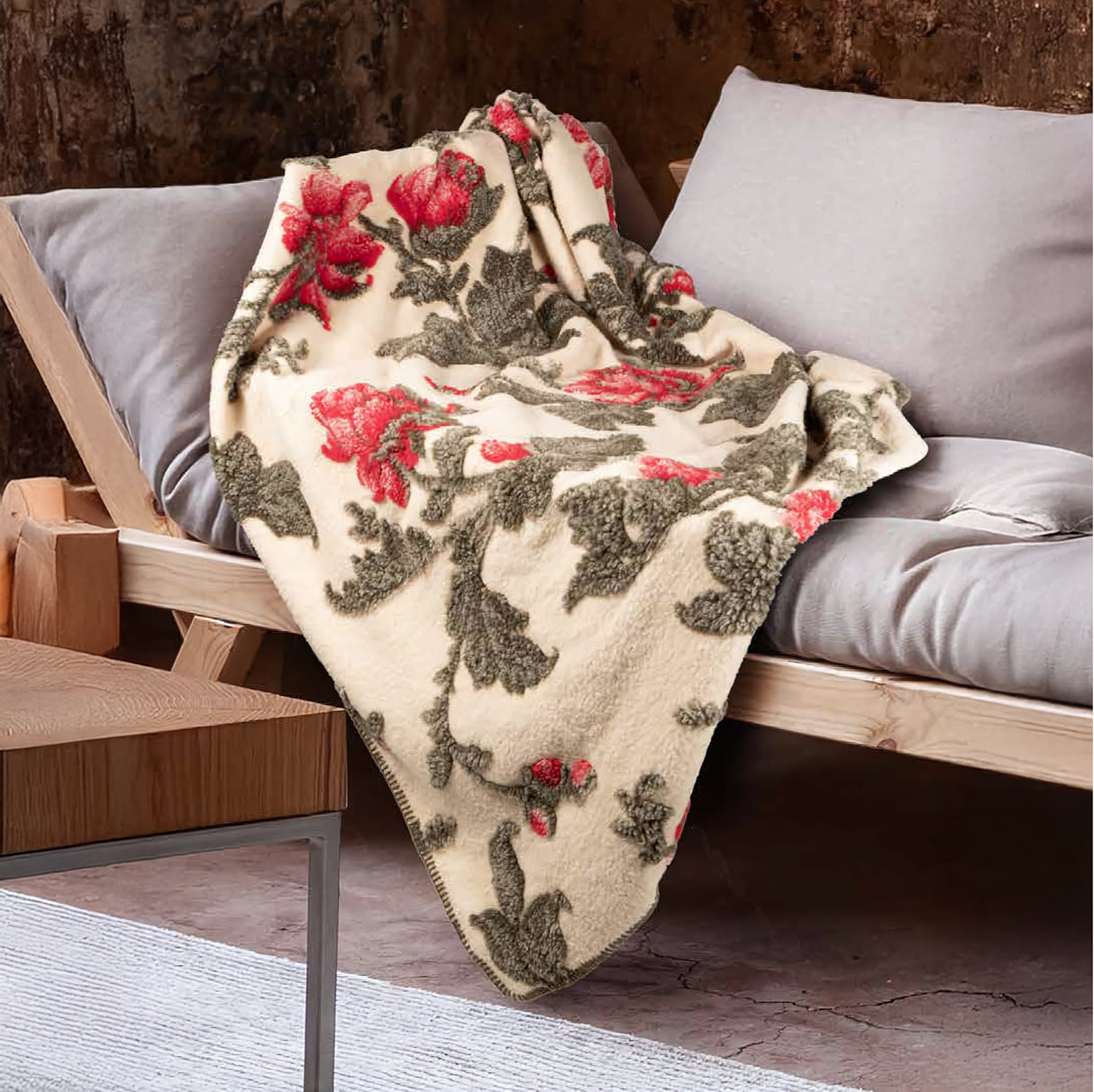 Plaid in Lana Cotta Fantasia Floreale con Finitura Punto Cavallo - Monalisa