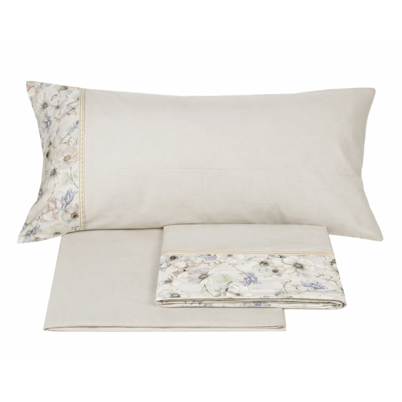 Completo Lenzuola in Flanella di Cotone Fantasia Floreale con Cordonetto - Orticola
