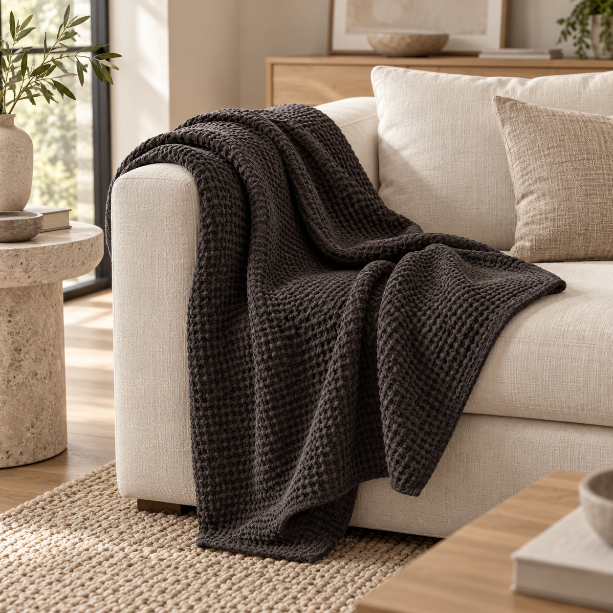 Plaid a Nido D'Ape StoneWashed in Cotone Tinta Unita - Maia