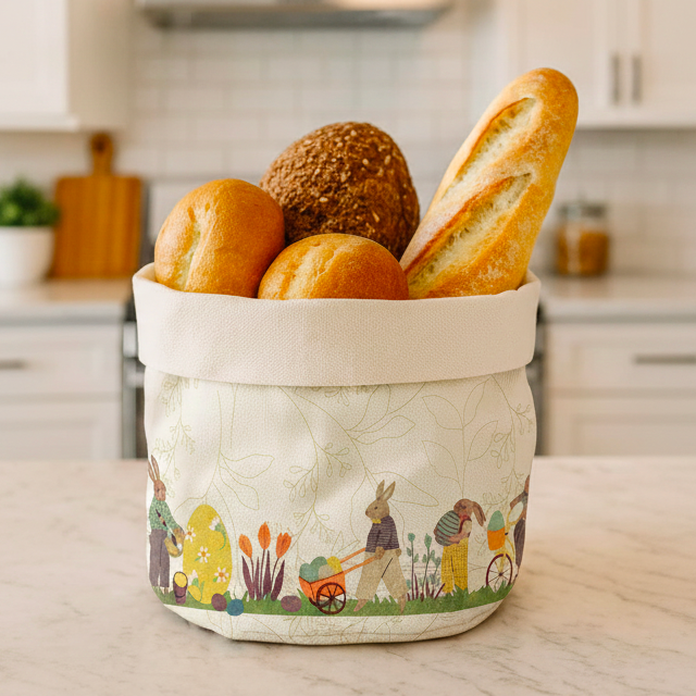 Cestino Portapane in Panama di Cotone Fantasia Pasquale - Coniglietti di Pasqua