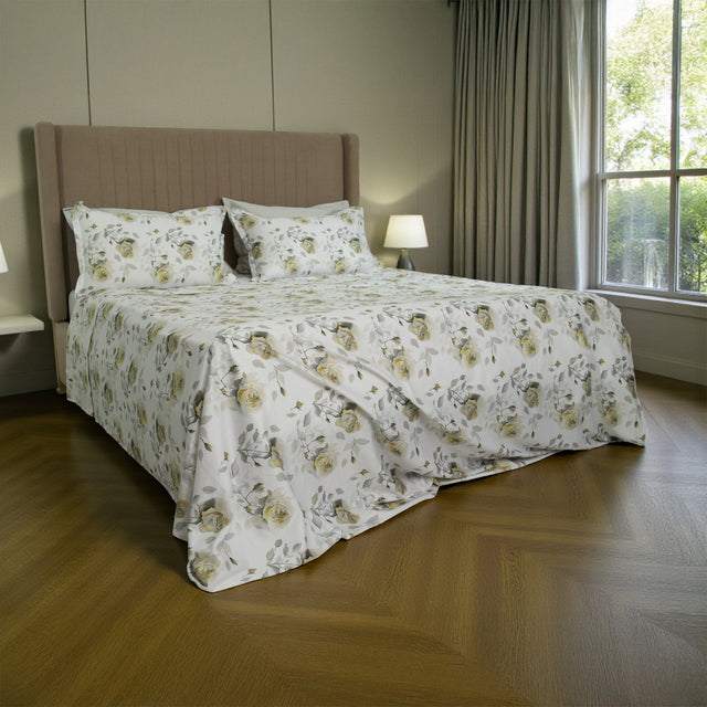 Completo Lenzuola Copriletto in Raso di Cotone Egiziano con Stampa Floreale - Rosaire