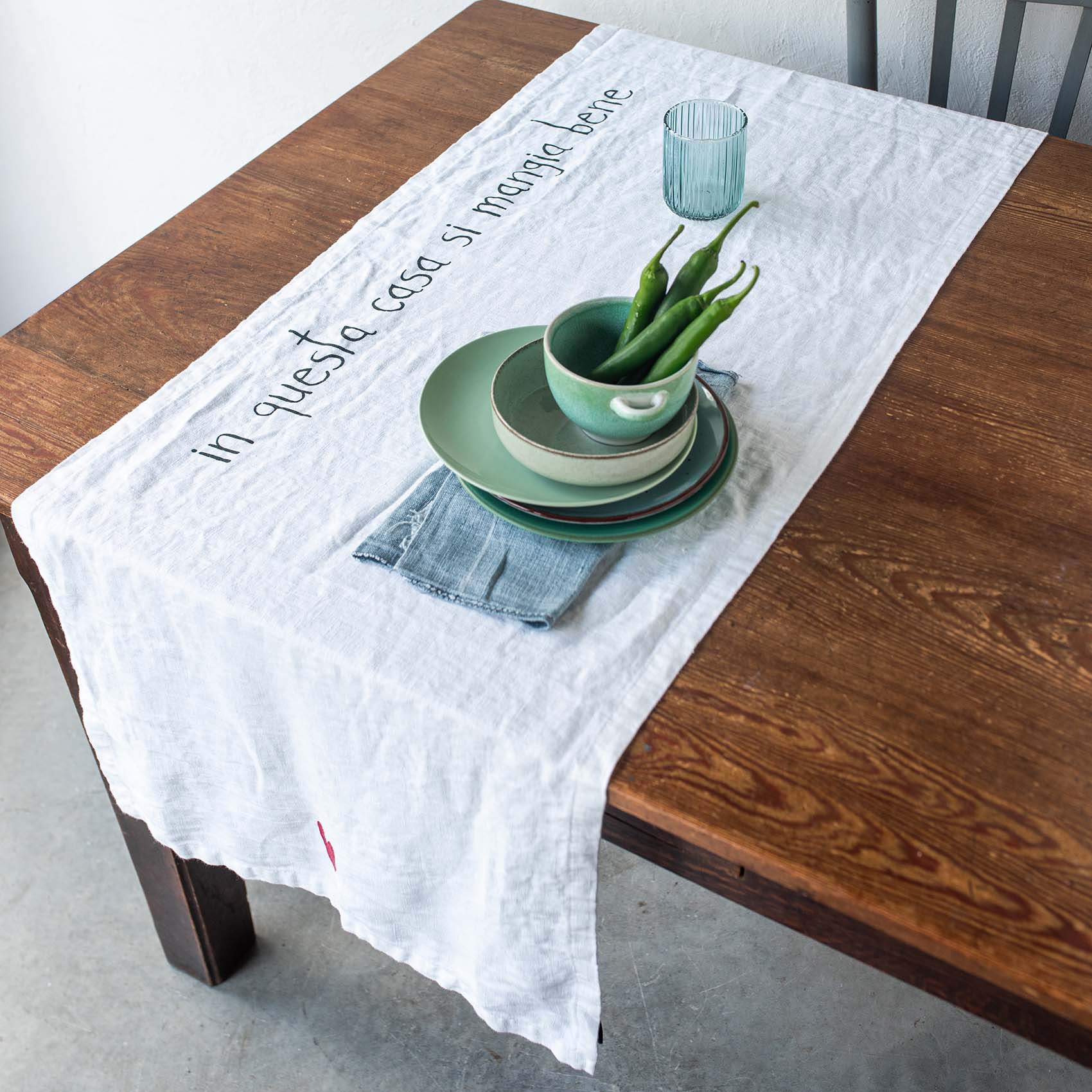 Runner in Lino Stonewashed Stampa - In Questa Casa si Mangia Bene