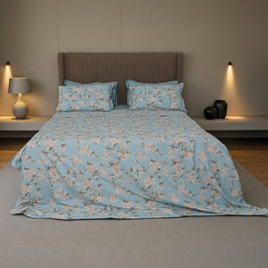 Completo Lenzuola Copriletto in Percalle di Cotone Egiziano con Stampa Floreale - Serenelle