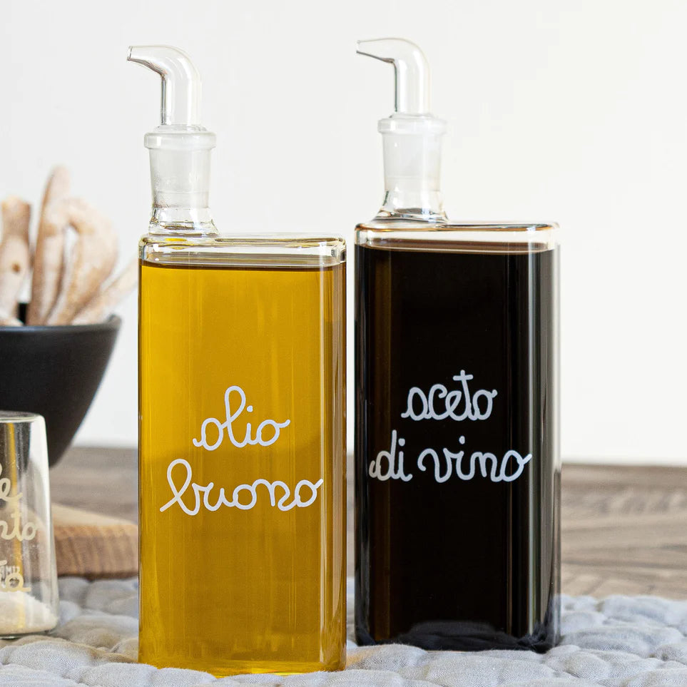 Set 2 Bottiglie in Vetro Borosilicato Serigrafate - Olio Buono e Aceto di Vino