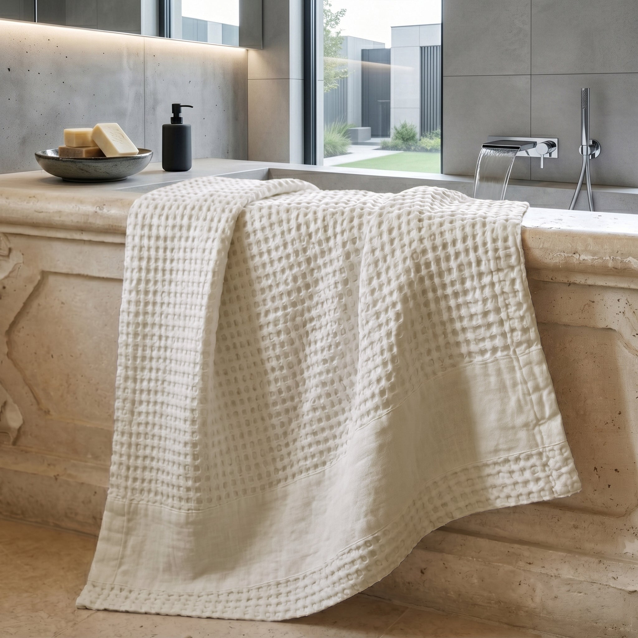 Telo da Bagno Nido d'Ape StoneWashed con Bordo in Lino - Jaspy