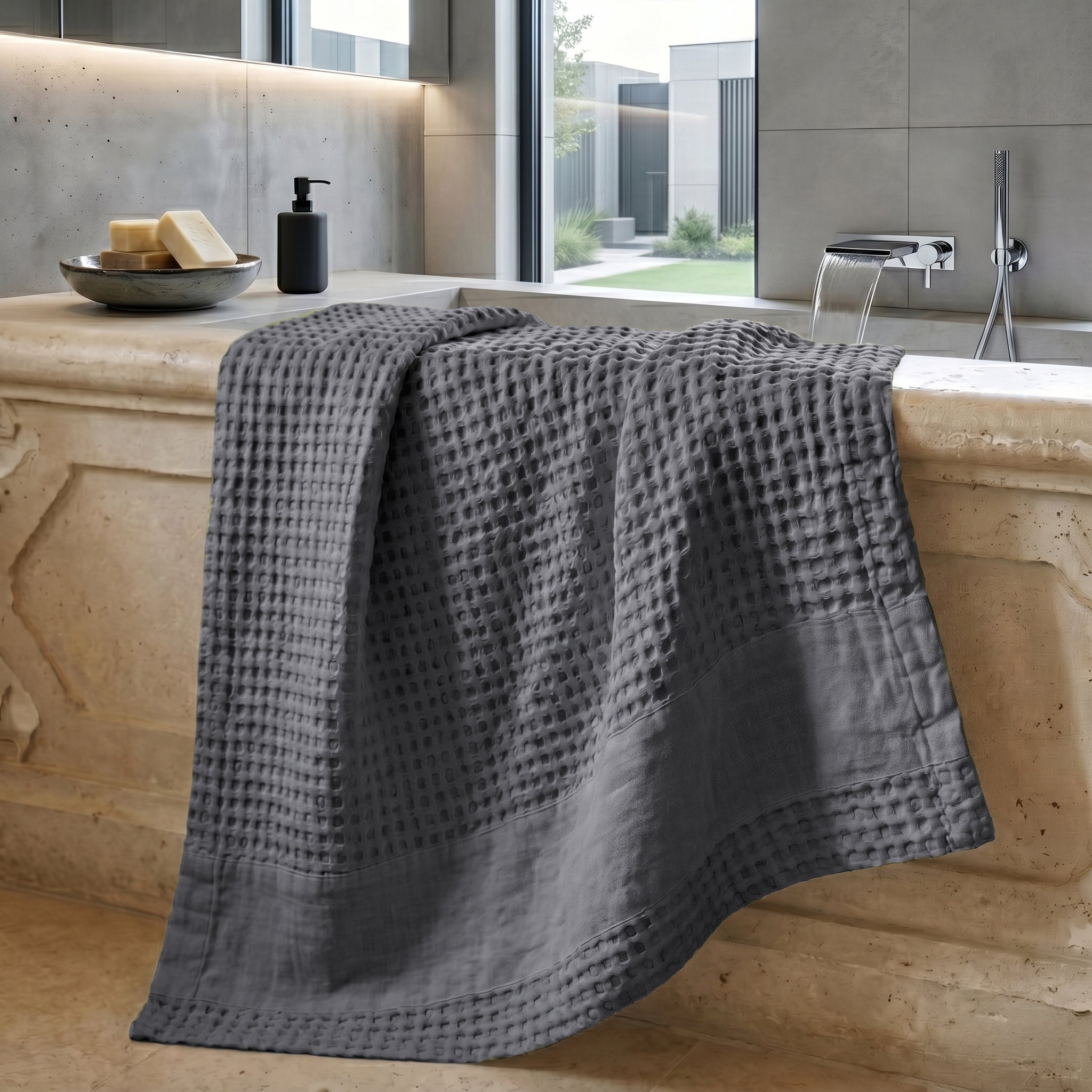 Telo da Bagno Nido d'Ape StoneWashed con Bordo in Lino - Jaspy
