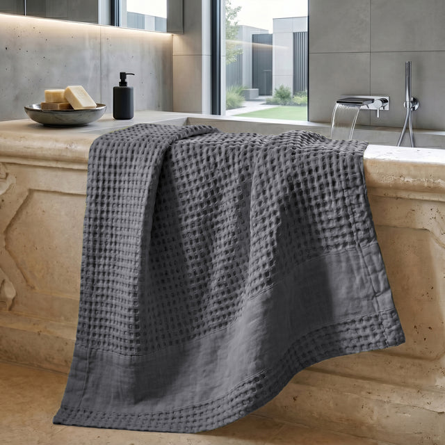 Telo da Bagno Nido d'Ape StoneWashed con Bordo in Lino - Jaspy
