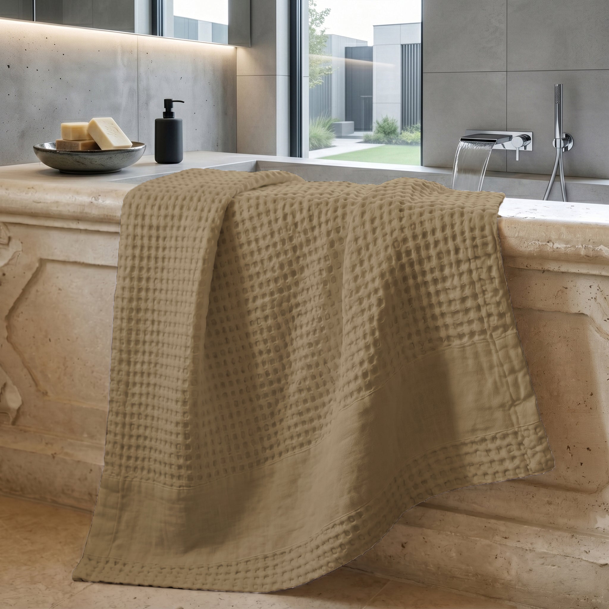 Telo da Bagno Nido d'Ape StoneWashed con Bordo in Lino - Jaspy