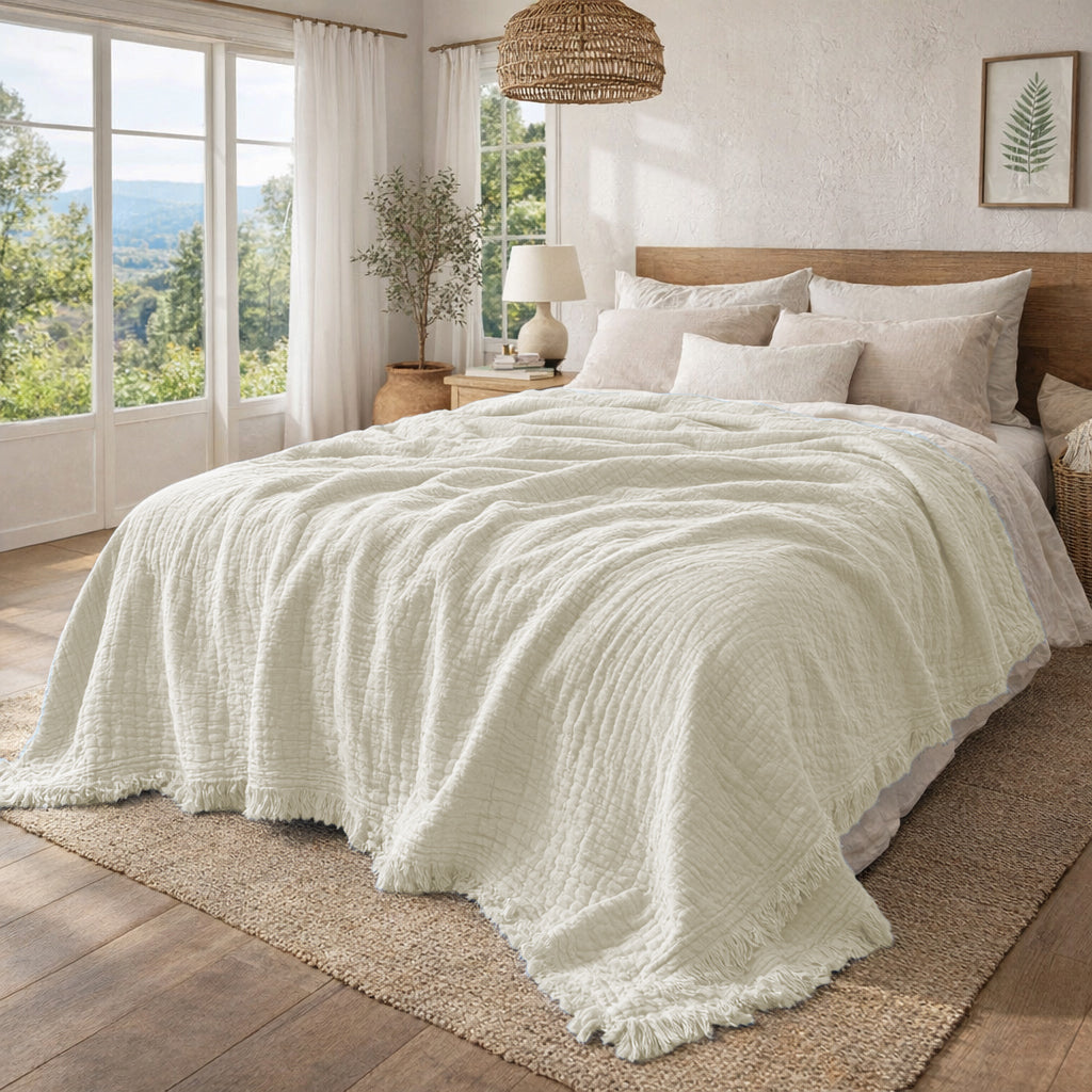 Copriletto in Cotone Stonewashed Tinto in Capo con Frangette - Uni Mellow