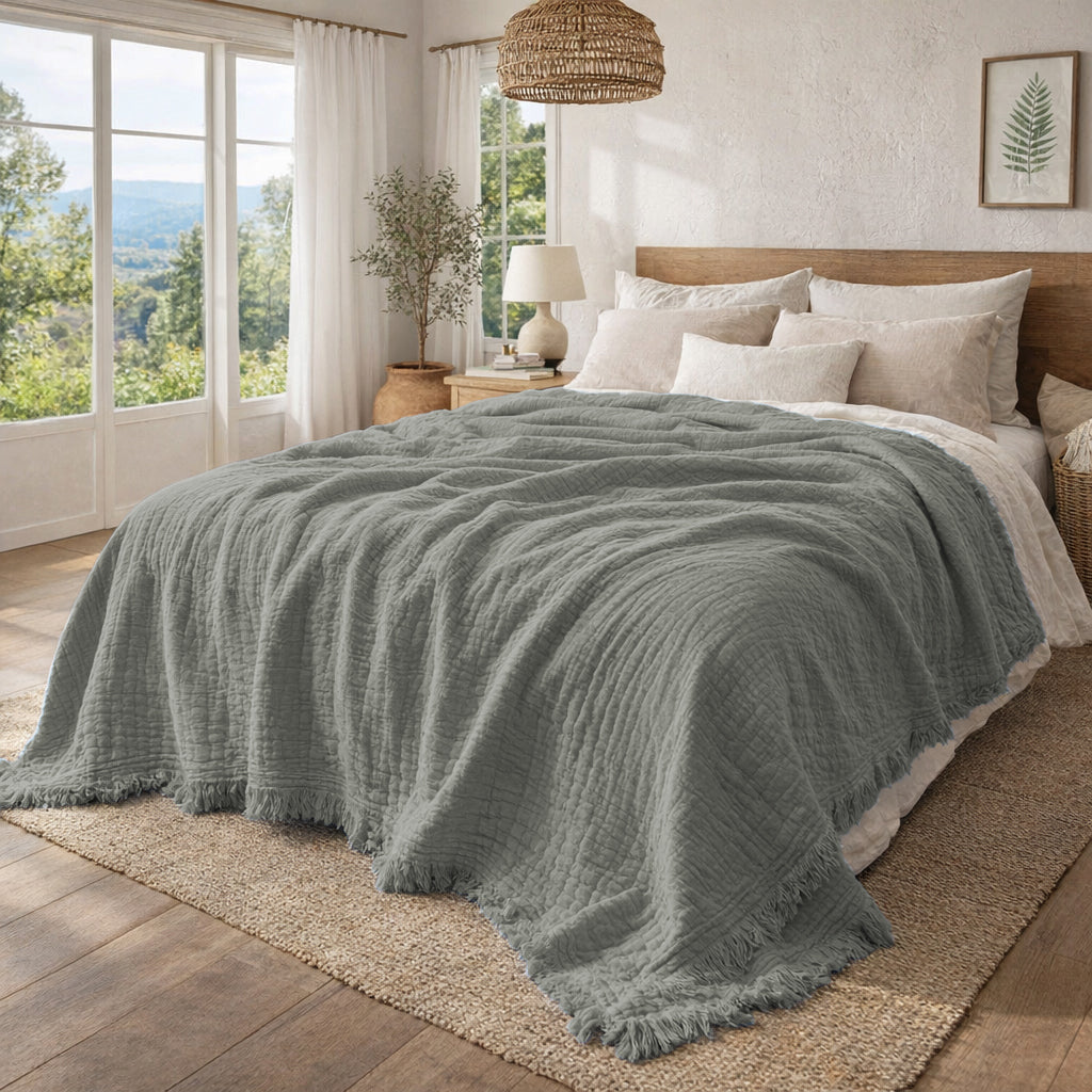 Copriletto in Cotone Stonewashed Tinto in Capo con Frangette - Uni Mellow