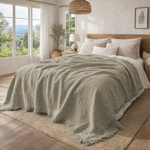 Copriletto in Cotone Stonewashed Tinto in Capo con Frangette - Uni Mellow