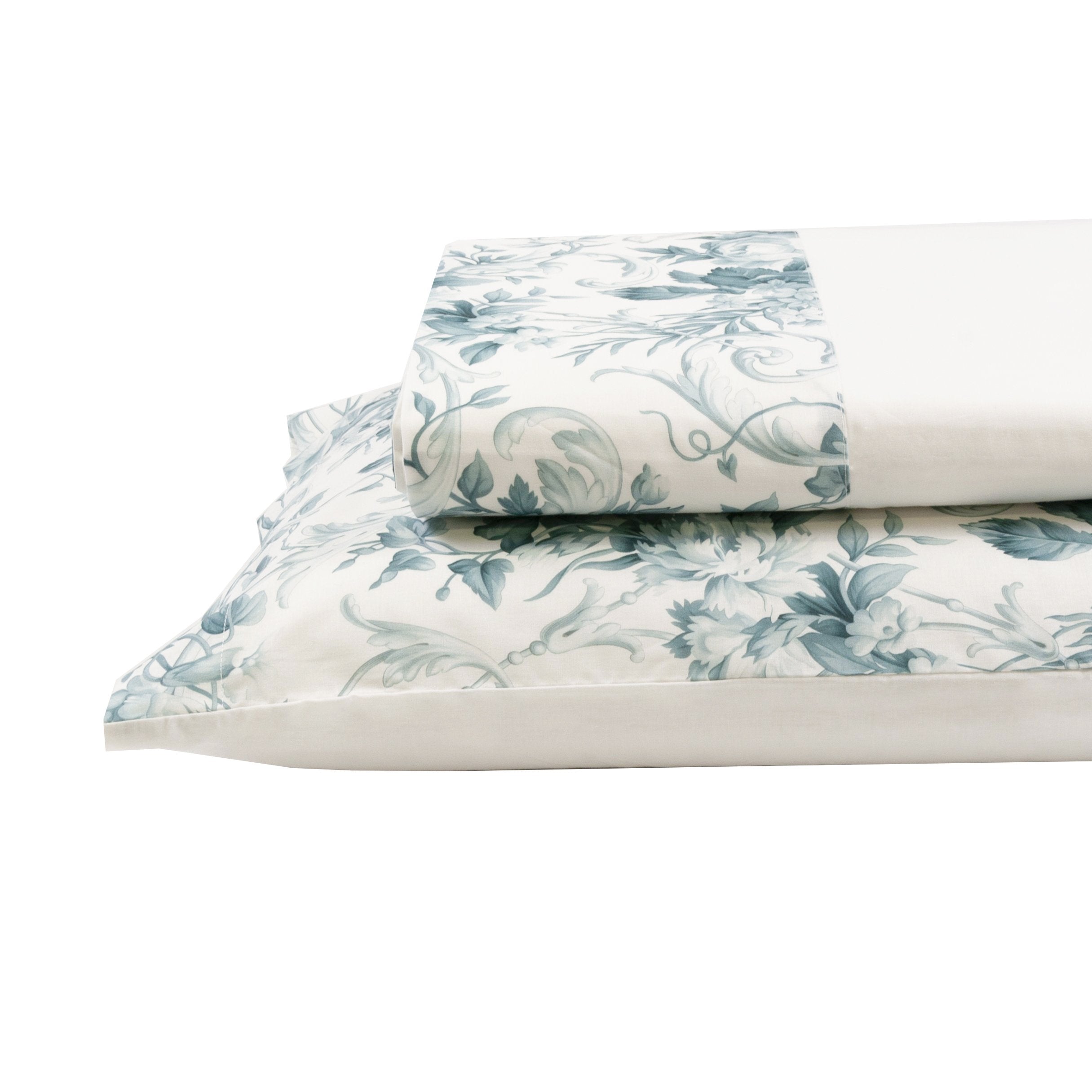Completo Lenzuola in Cotone con Balza Stampata Floreale - Kelly Lenzuola Creole Home Singolo Azzurro 