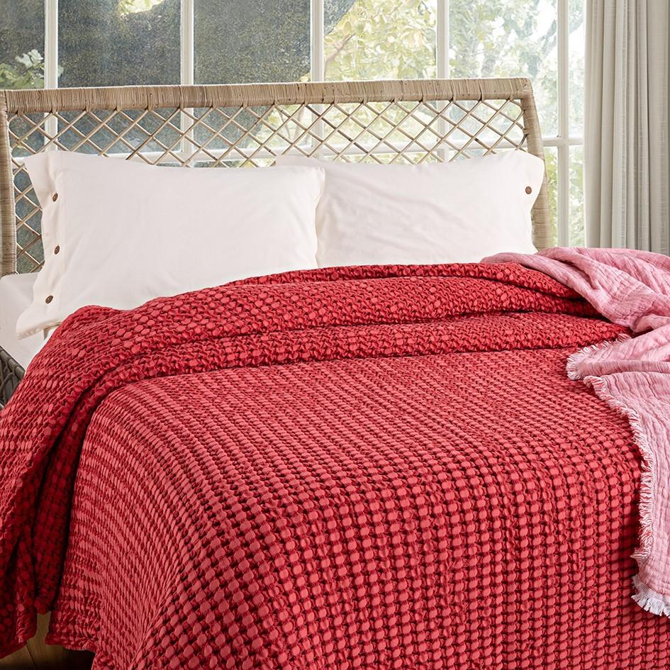 About Home Copriletto In Cotone A Nido D'Ape 259x259 Cm – Bicolore Verde Acqua/Naturale – Coperta Morbida Per Letto E Divano Con Frange