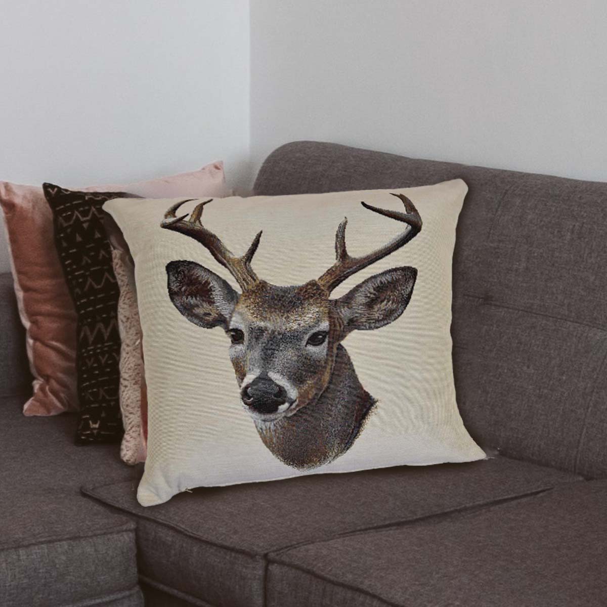 Cuscino in Cotone Stampato con Cervo Frontale - Stag Cuscino Daunex 