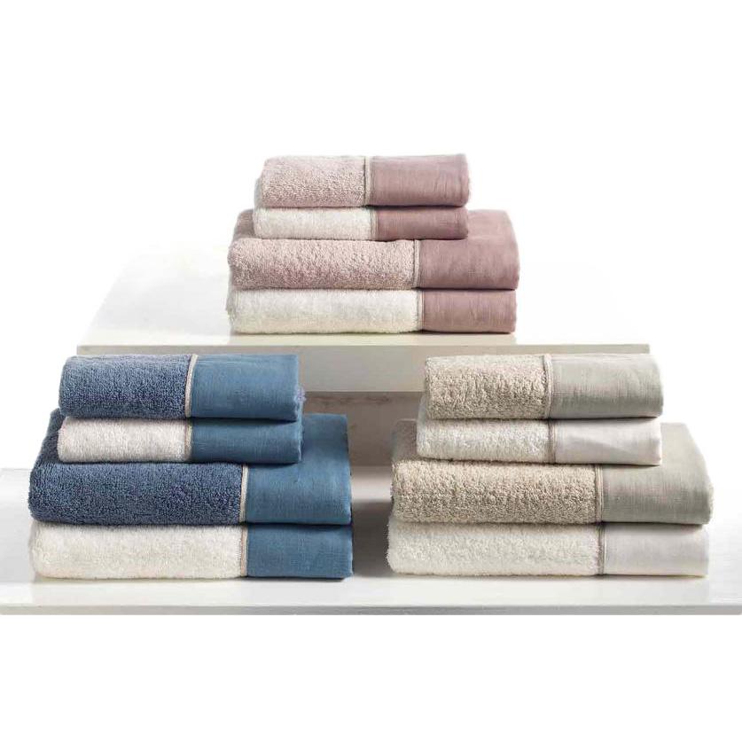 Set asciugamani in spugna con bordo in lino e gigliuccio, 2x asiug. ospite  + 2x asicug. viso, colore grigio beige bianco • Gaidra