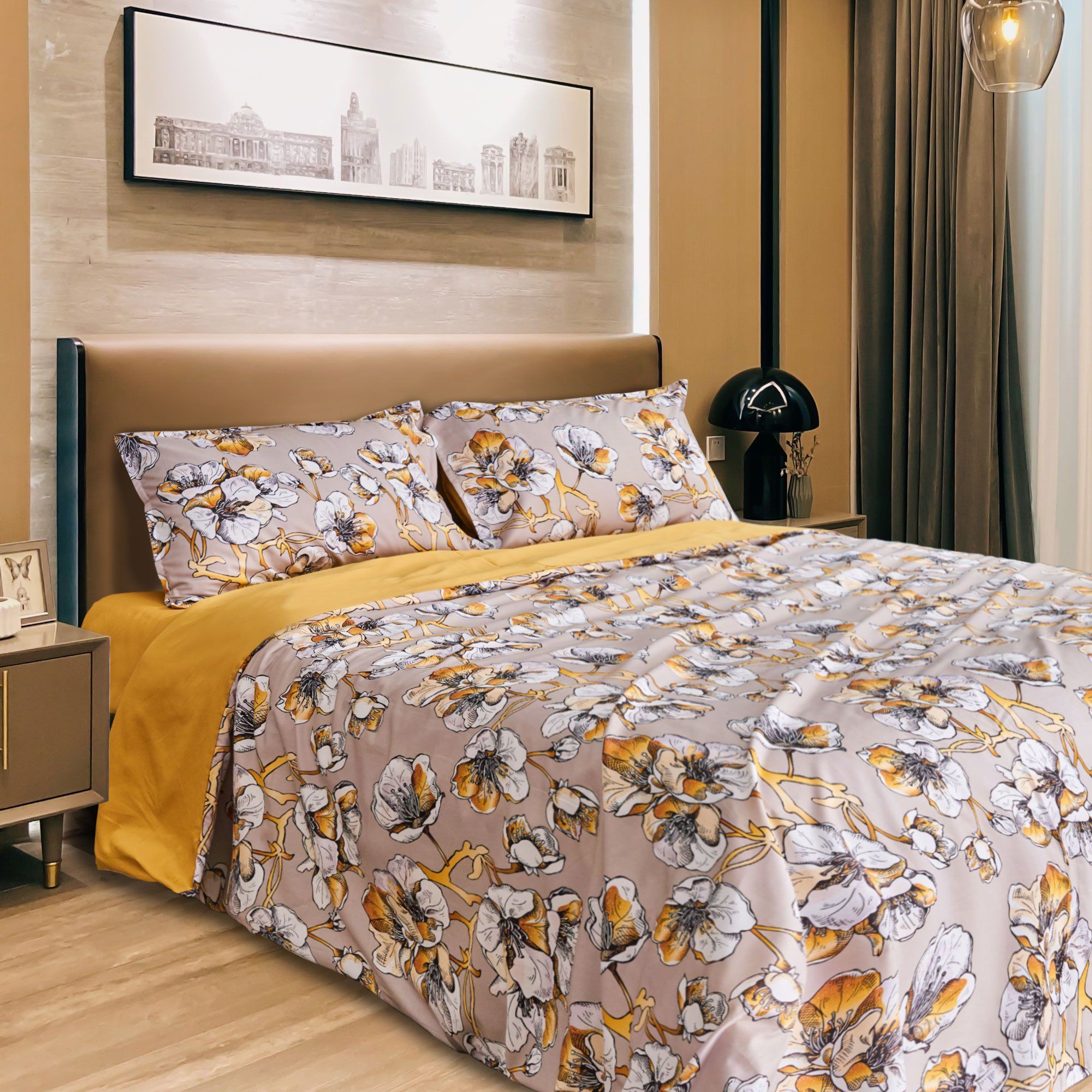 Parure Copripiumino Matrimoniale in Raso 100% Cotone Fantasia Floreale - Ninfa Copripiumino Lisola 