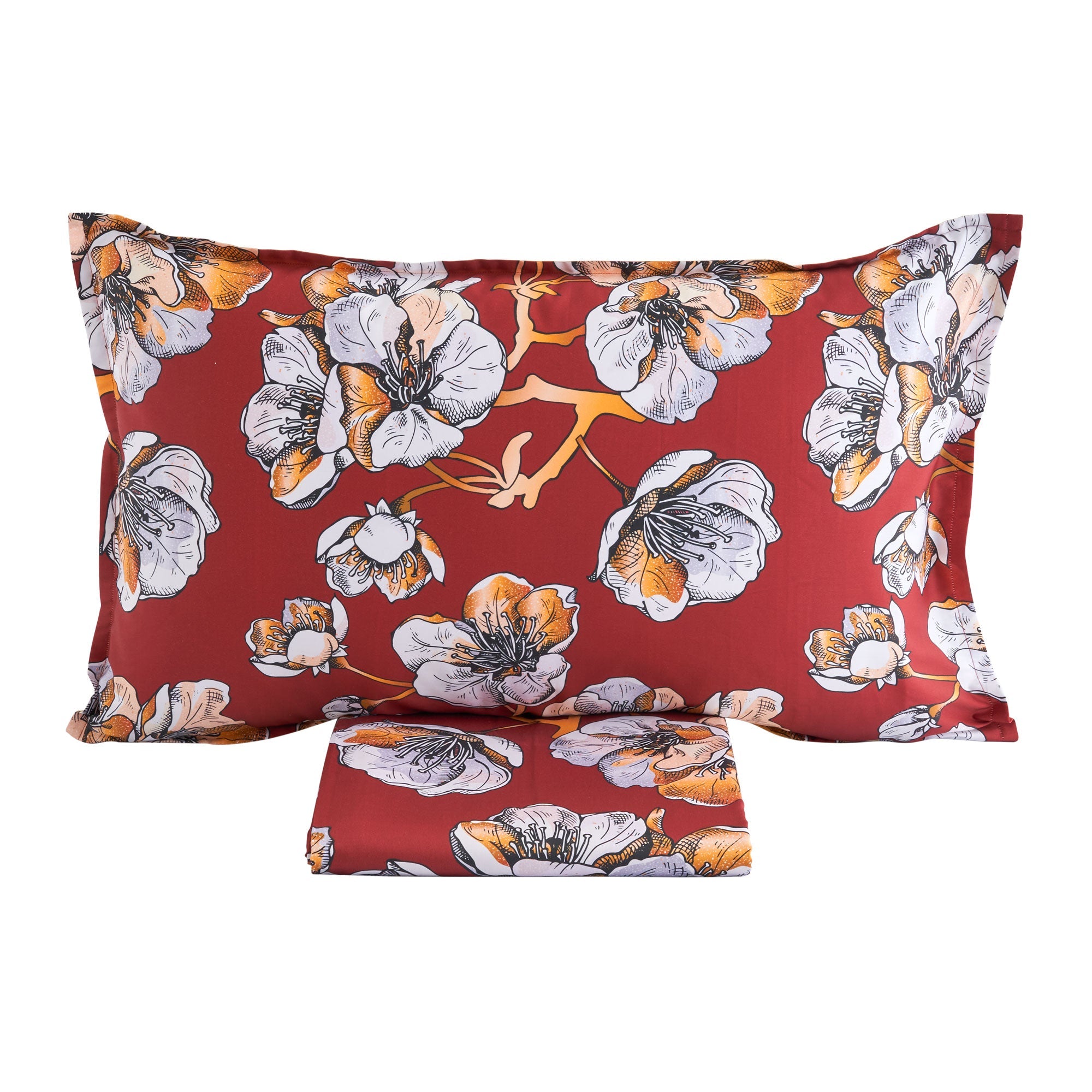 Parure Copripiumino in Raso di Cotone Fantasia Floreale - Ninfa Copripiumino Lisola Singolo Bordeaux/Oro 