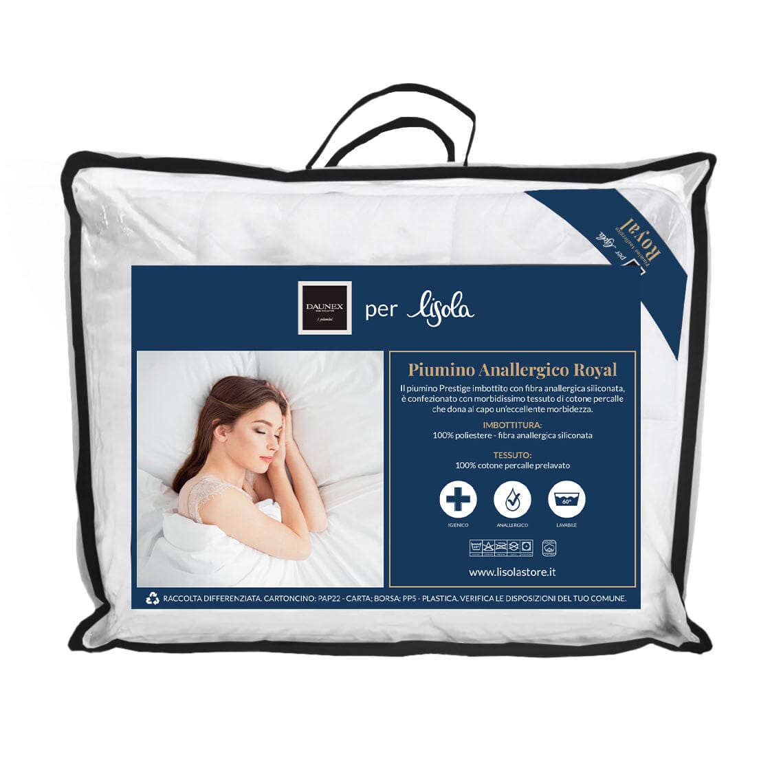Piumone Anallergico in Percalle di Cotone - Royal Piumino Sintetico Lisola by Daunex Light 155 X 200 (SINGOLO) 