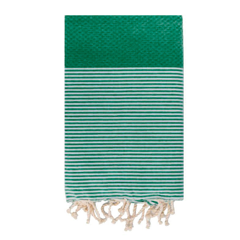 Telo Mare Fouta Rigato Agadir 100x200 Cm Verde - 100% Cotone Morbido Con Frange, Per Spiaggia E Picnic