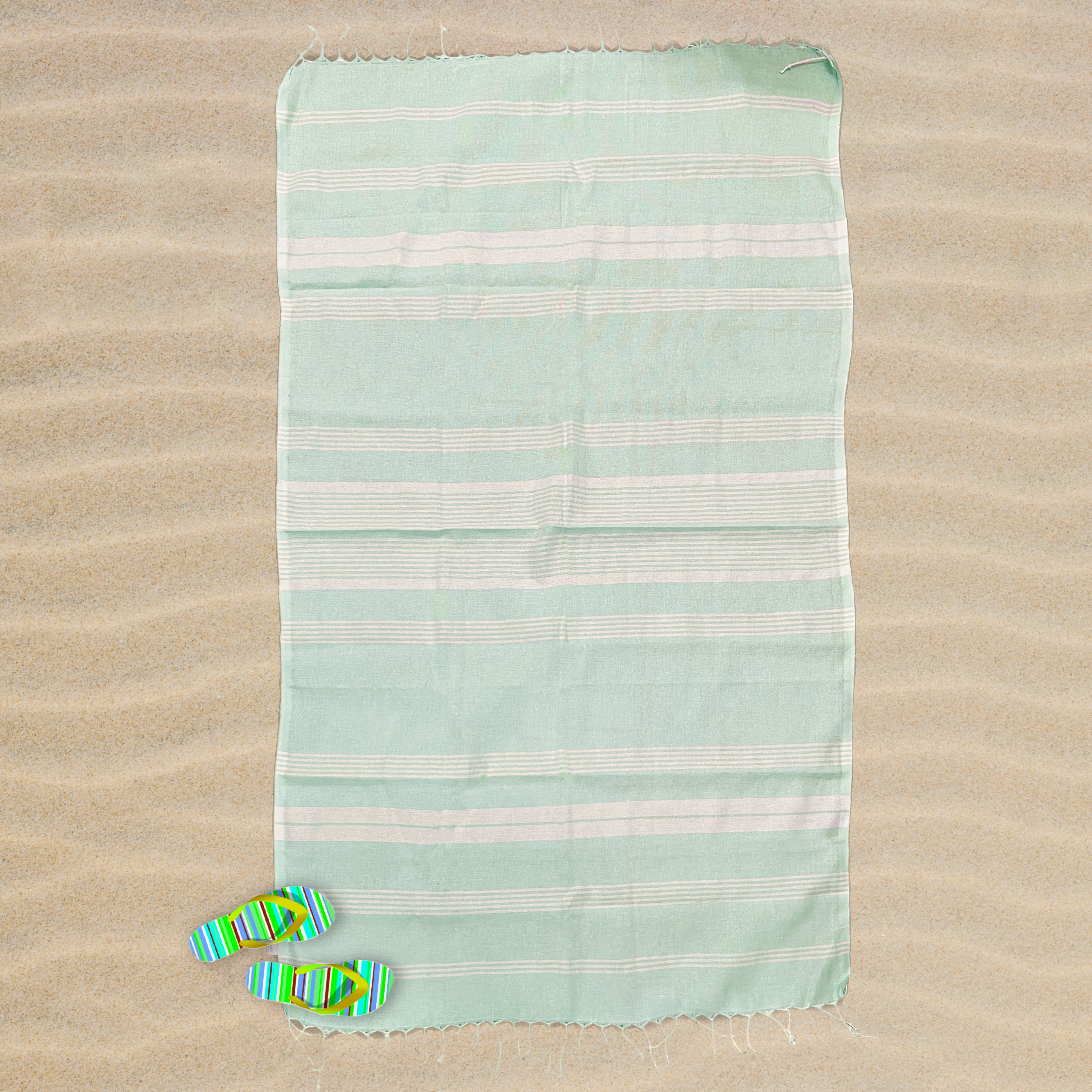 Telo Mare in Fouta di Cotone e Microspugna - Milano Telo Mare Marinette Saint-Tropez Verde Acqua 